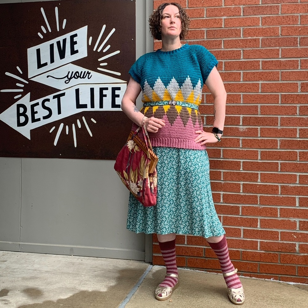 Hand knit triangle multicolor sweater